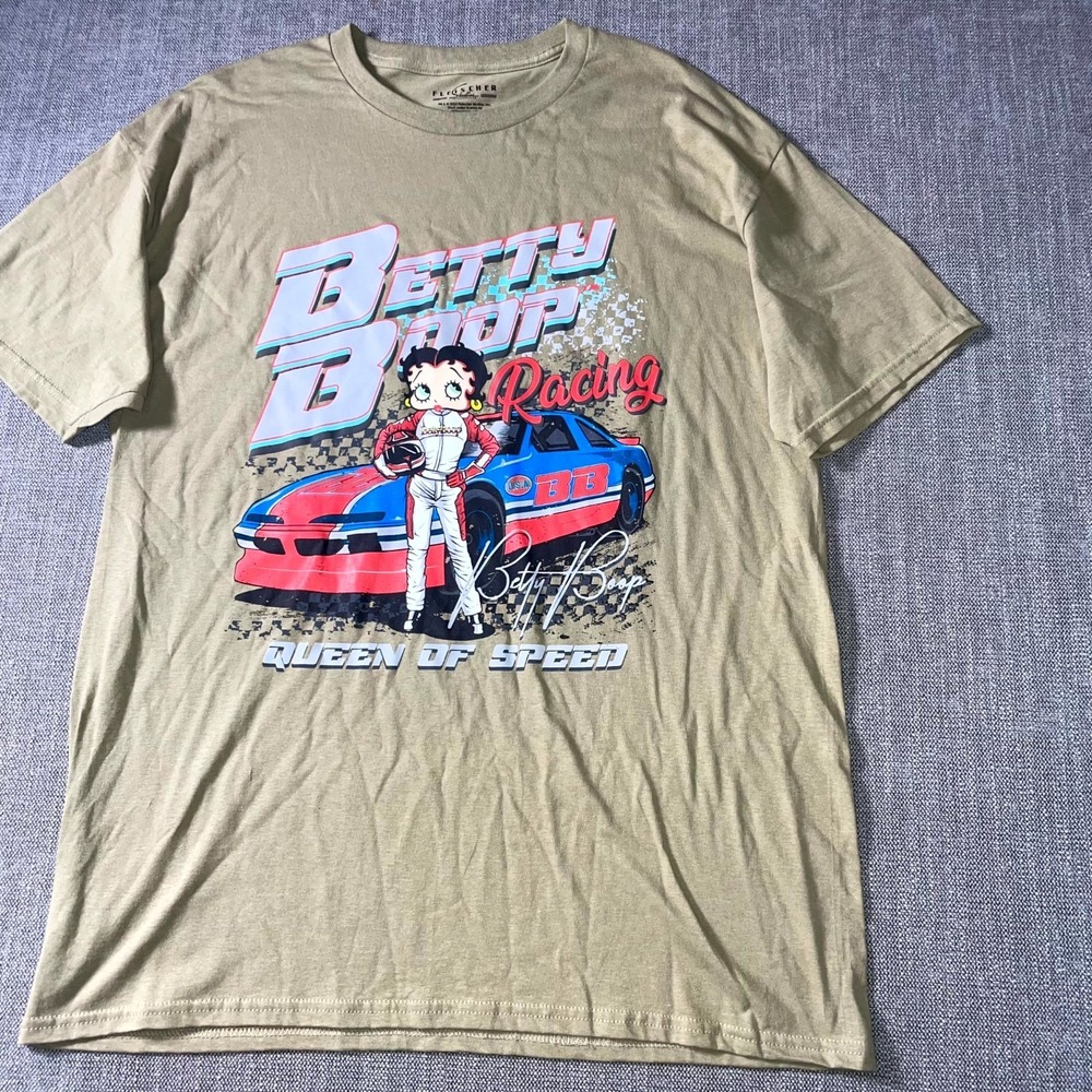 Fleischer Studios T-Shirt Men's L Beige Betty Boop Racing Queen of Speed Graphic